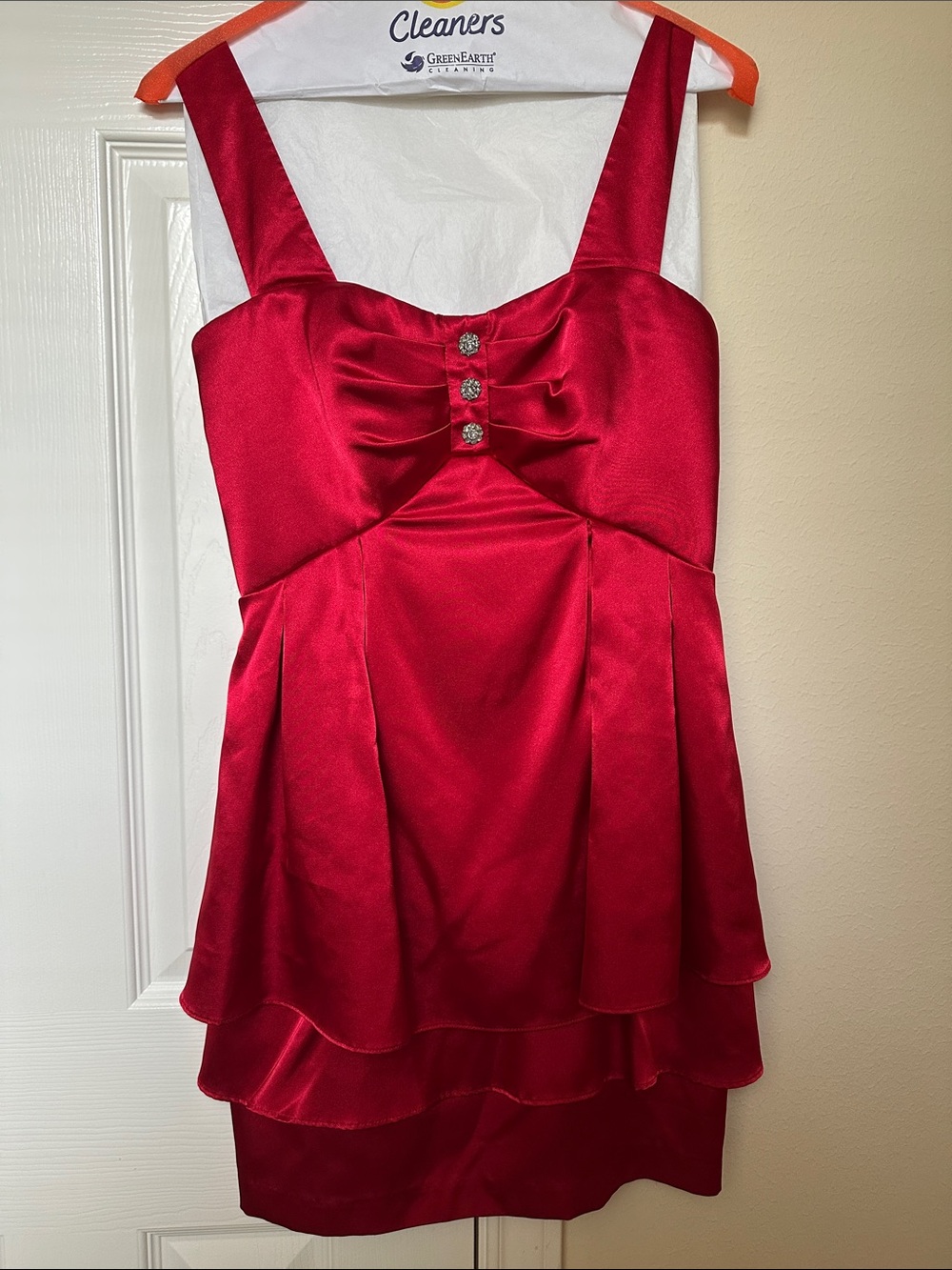 As U Wish Red Satin Cocktail Slip Dress with Rhinestone Accents
